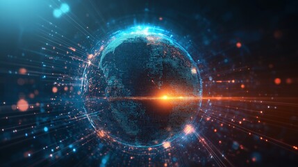 Digital world, global network concept with Earth hologram and city skyline at night background.