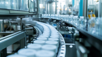 Fototapeta premium Conveyor belt in factory manufacture room, plant interior. Delivery company or postal service automated packaging or production empty line with fragile freight boxes around Cartoon vector illustration