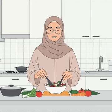 Adobe Illustrator Artwork Pop Art of Muslim Woman wearing Hijab Cooking and Make Vegetables Salad in Kitchen