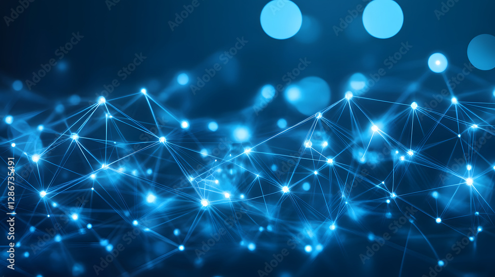 Poster abstract blue background with connected lines and dots creating a futuristic geometric design