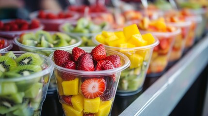 Fruit cups with strawberries, mango, and kiwi in plastic glasses on display at a market or festival stand. 