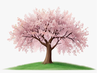 pink cherry tree illustration in a green grass field