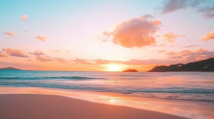 Fototapeta premium Vibrant sunset over a tropical beach with soft pink and orange skies