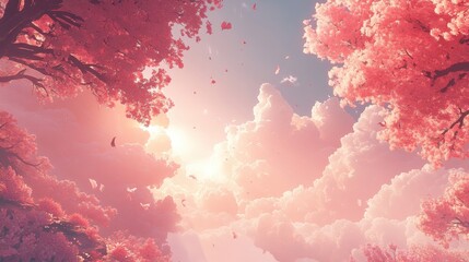 A serene landscape featuring vibrant pink cherry blossom trees under a dreamy sky with clouds and soft sunlight.