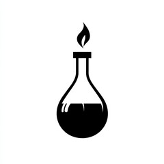 Black and White Science: A Flask Filled with Dark Liquid and Topped with a Flame in a Minimalist Style.