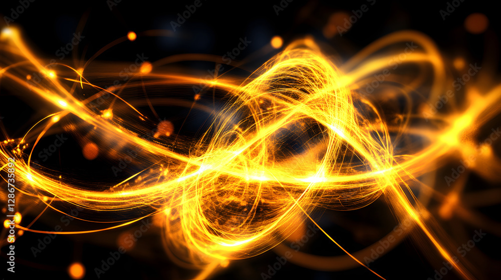 Poster futuristic geometric abstract yellow light swirl on black background with intricate shapes and patte