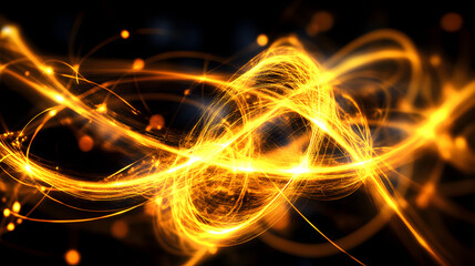 Futuristic geometric abstract yellow light swirl on black background with intricate shapes and patterns