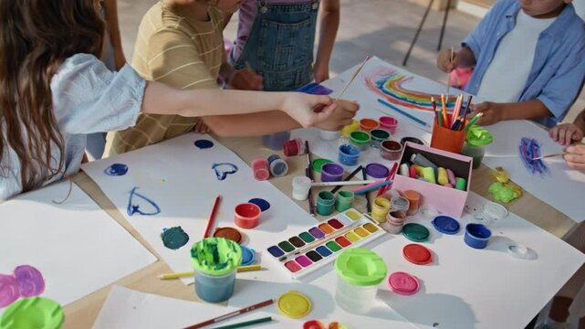 Creative school children painting at art lesson on classroom desk. Group pupils
