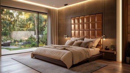 Luxurious bedroom interior with a
wooden flooring, and modern lighting fixtures.