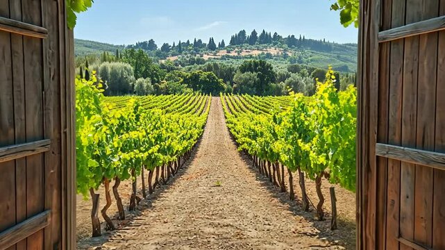 Discovering the Beauty of Tuscan Vineyards through Ancient Wooden Doors View
