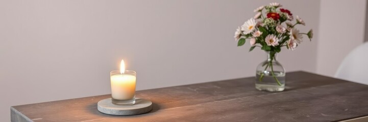 Fototapeta premium Warmly lit candle on a minimalist stone table with a small vase of fresh flowers, soft lighting, calming atmosphere