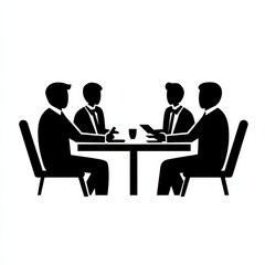 Obraz premium Business Meeting: Four Professionals Discussing Strategy Around a Table in a Black and White Illustration