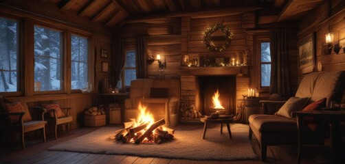 Warm crackling fire in a rustic cabin on a winter's night, peaceful, frozen