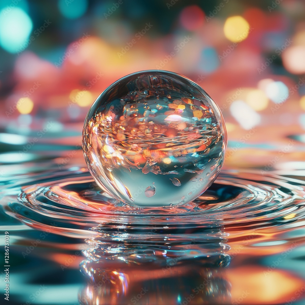 Poster captivating water orb: reflecting light and creating ripples on a textured surface with bokeh backgr