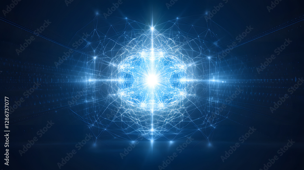 Poster blue light with geometric pattern of lines and dots in abstract futuristic design