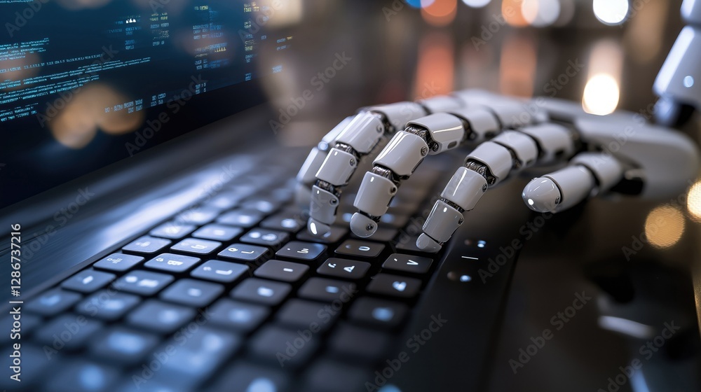 Poster close-up of a robotic hand typing on a laptop keyboard, symbolizing business automation and advanced
