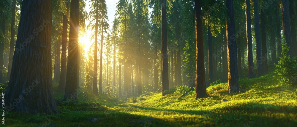 Poster sunlight streaming through tall trees in a lush green forest creating a serene and inviting natural 