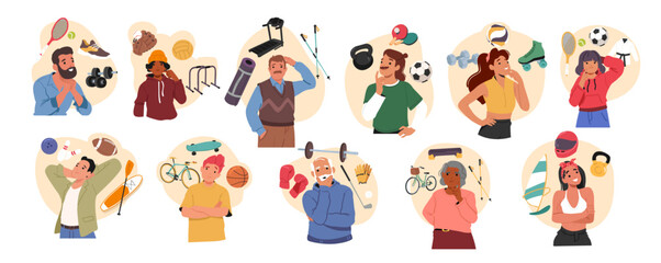 Dreamlike and thoughtful people characters choosing sport, selecting different physical activity set
