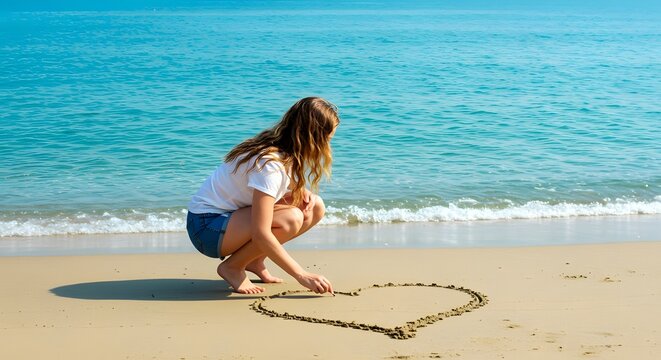 young woman draw heart shape on beach sand
