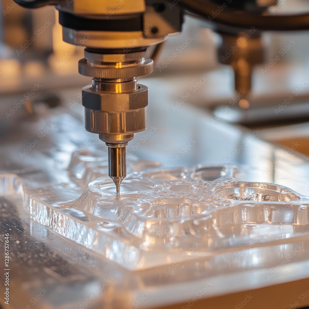 Poster CNC milling machine precisely carving a complex design into a clear acrylic sheet. The close-up showcases the cutting process in detail.