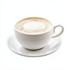 Close-up of a Steaming White Cup of Coffee, Revealing a Delicious Layer of Frothy Foam Against a Pure White Background