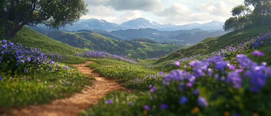 Serene landscapes pathway through vibrant wildflowers surrounded by lush green hills and majestic mountains