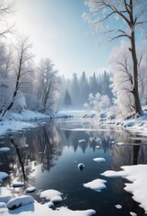 View of a frozen lake with ice formations and snow-covered trees, ice formation, snow covered tree