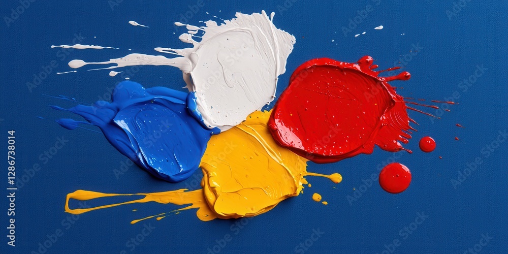 Aufkleber vibrant splashes of paint in primary colors on bold blue canvas creating a dynamic artistic impressi
