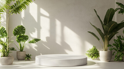 Modern interior design with round platform and lush greenery in bright space