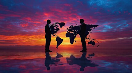 Fototapeta premium International business partners silhouetted under a vibrant world map at sunset.
