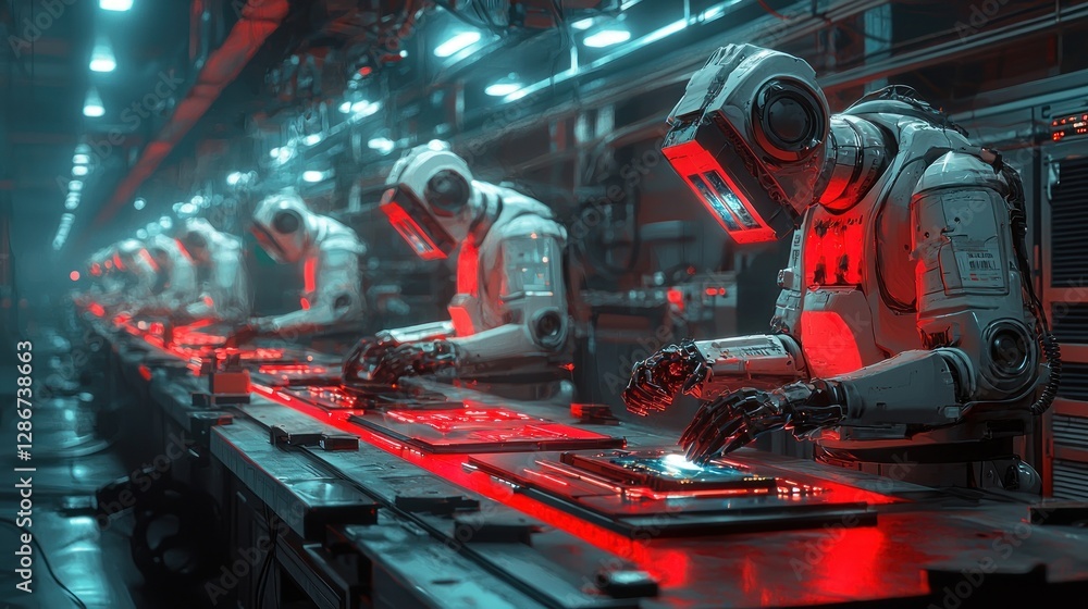 Poster robots working on assembly line, manufacturing electronic components in a factory