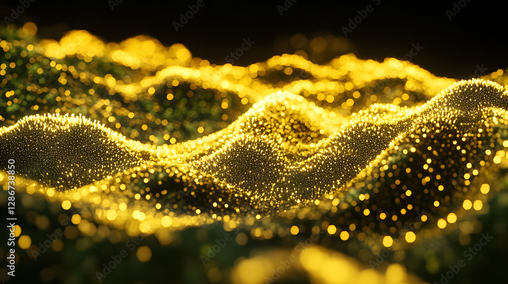 Poster close up view of a grassy field with tiny dots and geometric abstract patterns in a modern design