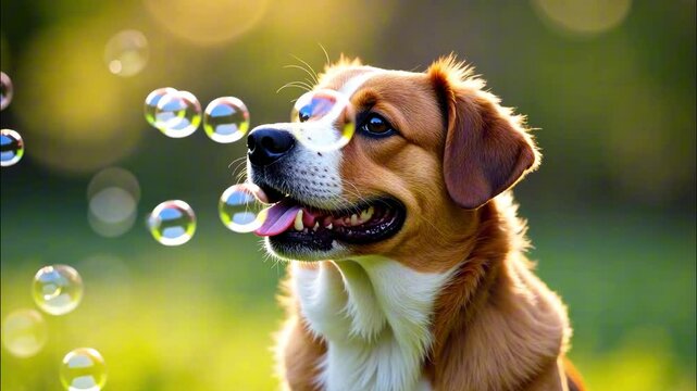 Curious dog playfully chasing floating bubbles in sunny garden environment