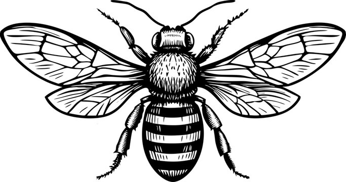 Honey bee with intricate details, showcasing its wings, legs, and striped body in a realistic style sketch engraving vector