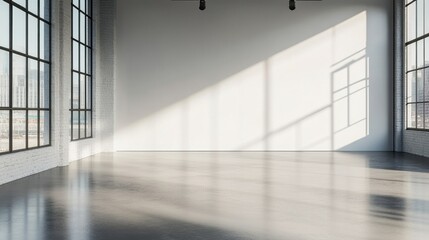 Fototapeta premium A bright and spacious empty loft with large windows casting shadows on the polished floor.