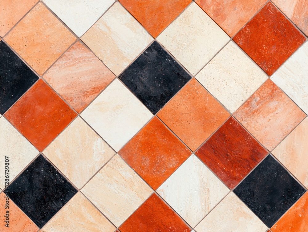 Poster intricate diagonal pattern of colorful terracotta and black tiles seamlessly arranged on a stylish f