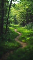 Fototapeta premium Serene forest pathway surrounded by lush greenery and sunlight filtering through the leaves in tranquil nature setting