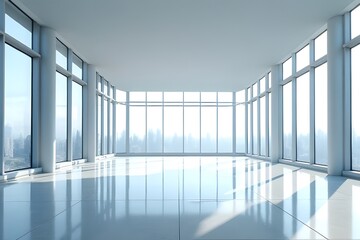 Fototapeta premium Spacious Room with Panoramic City View and Polished Floor