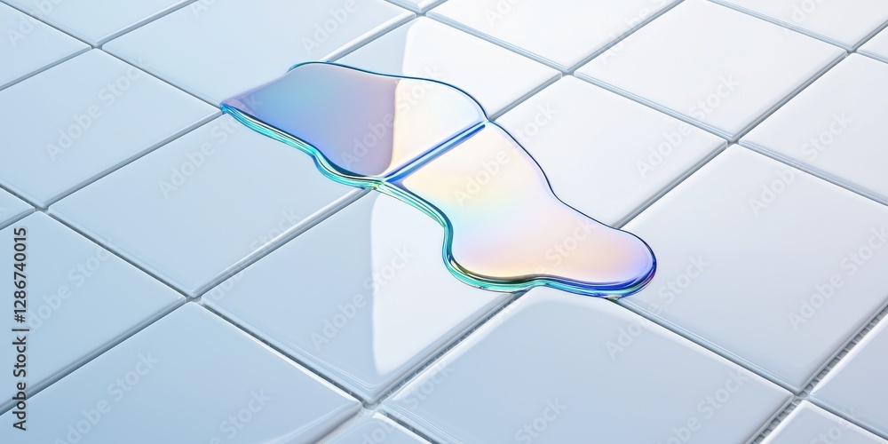Poster abstract reflection of iridescent liquid on glossy white tiles creating a modern minimalist aestheti