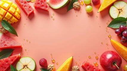 A colorful assortment of fresh fruits including mangoes and watermelon, arranged around a blank space with water droplets for a fresh and juicy look.