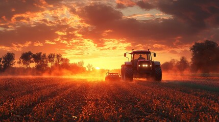 Fototapeta premium Tractor working on a vegetable field at sunset.