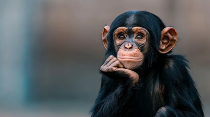 Young chimpanzee thinking thoughtfully while resting its chin on its hand in a tranquil setting