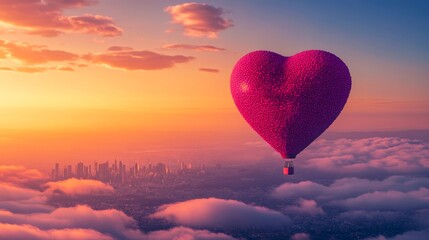 Fototapeta premium Hot air balloon shaped like a heart floating in the sky with clouds and a cityscape below.