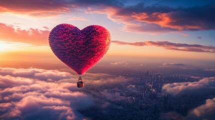 Fototapeta premium Hot air balloon shaped like a heart floating in the sky with clouds and a cityscape below.