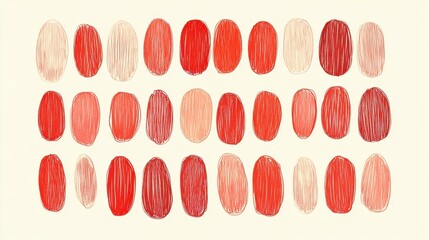 A vibrant array of hand-drawn red and peach oval shapes on a light beige background, creating a cheerful and artistic pattern.