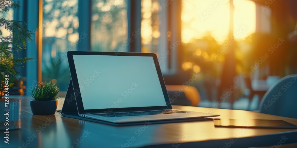 Aufkleber a laptop computer rests on a table, accompanied by a pen and a small plant, creating a productive an