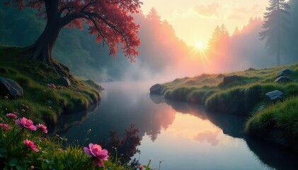 Fototapeta premium Misty dawn surrounds Fairy Pools with serene water, nature, UK, serenity