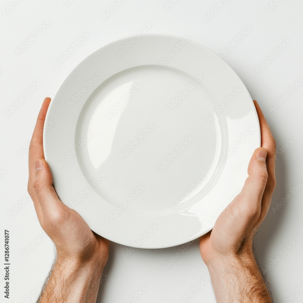 Poster empty white plate held by hands in isolated studio with soft lighting and clean, minimalist backgrou