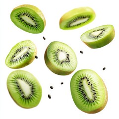Fototapeta premium Fresh Kiwi Fruit Slices Floating in Air - A Refreshing and Vibrant Display of Healthy Tropical Delight, Perfect for Summer Treats!