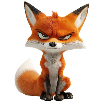 A cartoon fox with a big, angry look on its face